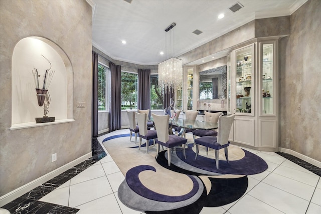 dining space with ornamental molding, recessed lighting, visible vents, and baseboards