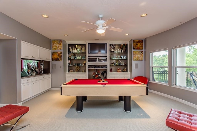 rec room featuring pool table, light carpet, baseboards, and recessed lighting