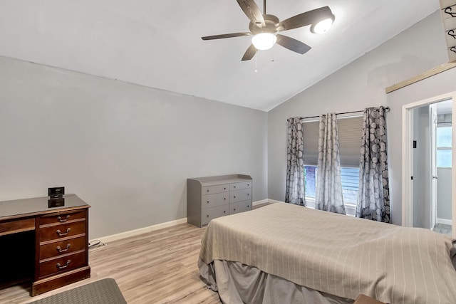 bedroom featuring high vaulted ceiling, ceiling fan, and light hardwood / wood-style flooring