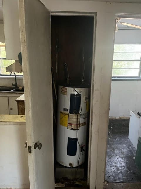 utility room featuring electric water heater and sink