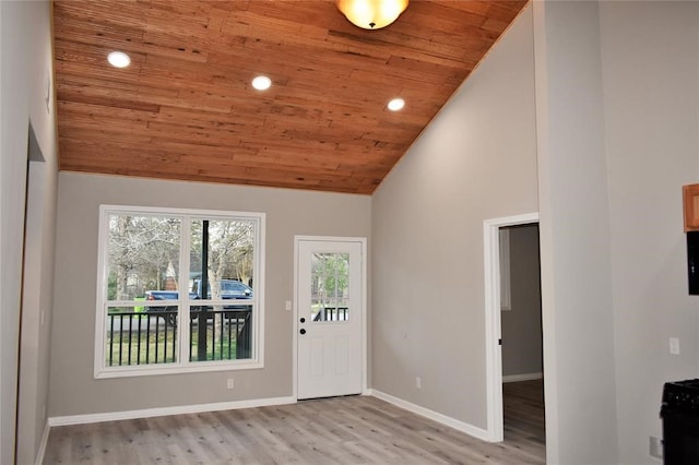 interior space with light wood-type flooring, high vaulted ceiling, and wooden ceiling