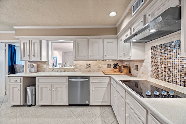 kitchen with crown molding, dishwasher, black electric stovetop, and white cabinets