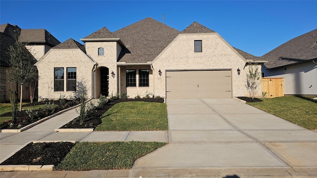 french country inspired facade with a front lawn and a garage