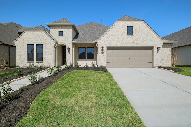 french country inspired facade with a front lawn, concrete driveway, brick siding, and roof with shingles