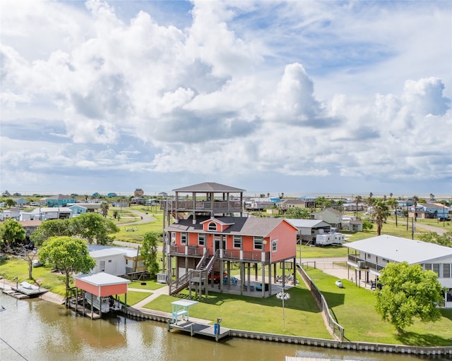 bird's eye view with a water view