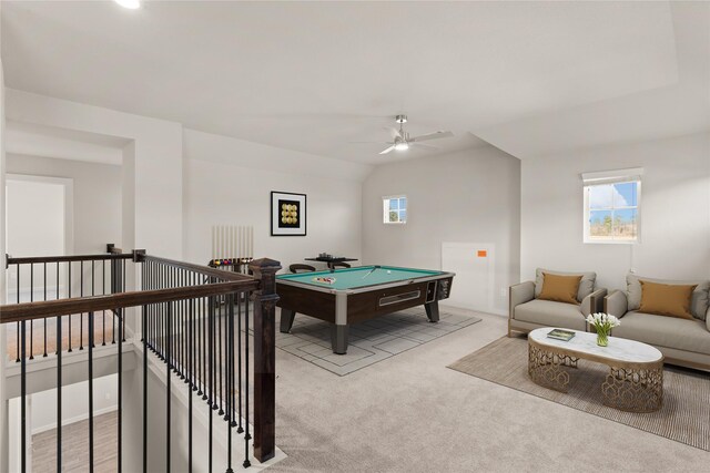 game room with billiards, ceiling fan, light carpet, and vaulted ceiling