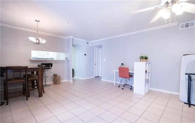 living room with ceiling fan with notable chandelier, crown molding, and light tile patterned floors