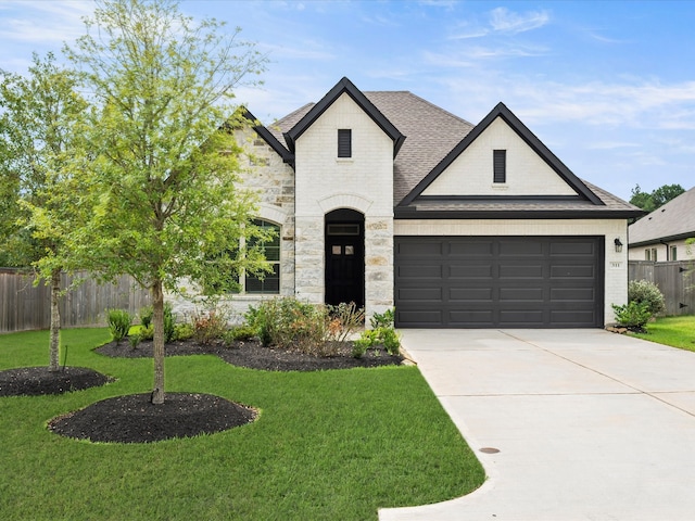 french country style house featuring a garage and a front lawn