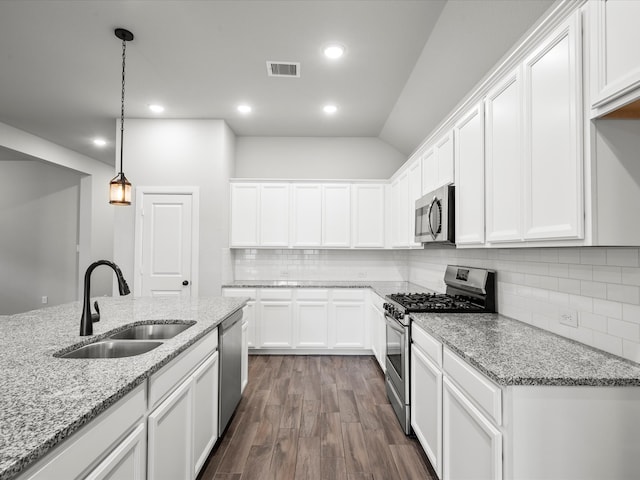 kitchen with white cabinetry, light stone counters, stainless steel appliances, dark hardwood / wood-style floors, and sink