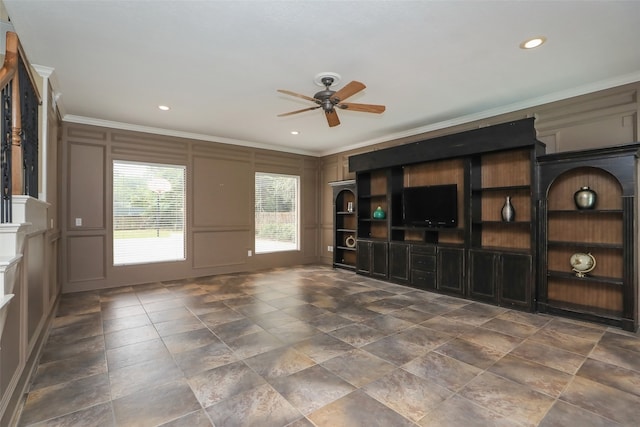 unfurnished living room with ceiling fan and crown molding