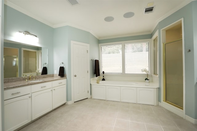 bathroom with crown molding, vanity, separate shower and tub, and tile patterned floors