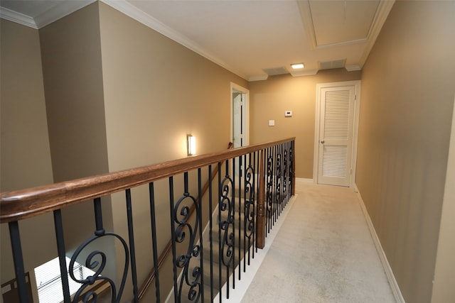 hall with light carpet and crown molding