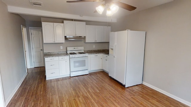 kitchen featuring white appliances, light hardwood / wood-style floors, white cabinetry, and ceiling fan