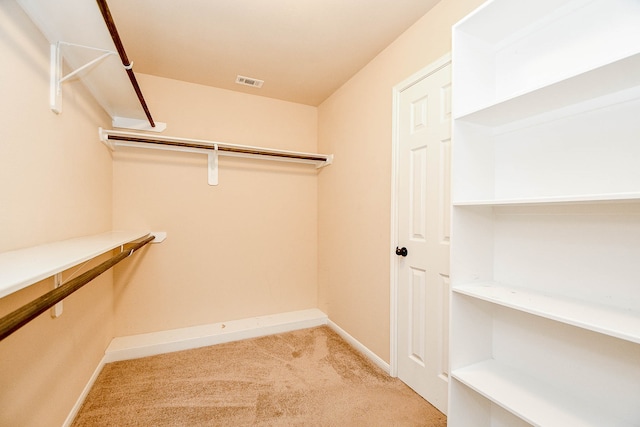 walk in closet with light carpet