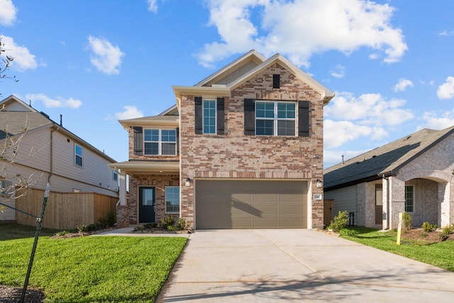 view of front of house with brick siding, a front yard, fence, a garage, and driveway