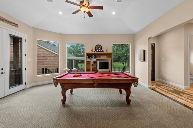 recreation room with french doors, light colored carpet, and billiards