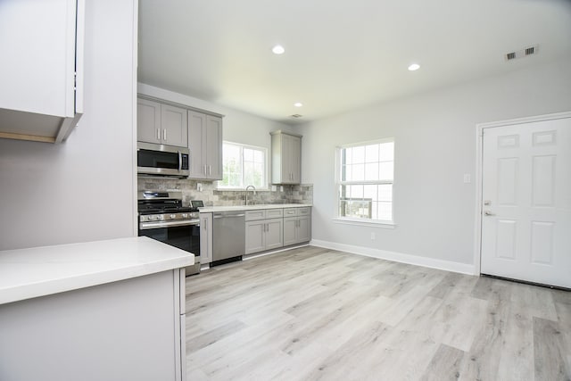 kitchen featuring tasteful backsplash, stainless steel appliances, sink, gray cabinets, and light wood-type flooring