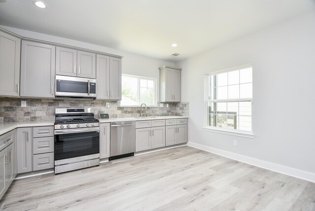 kitchen featuring gray cabinets, backsplash, stainless steel appliances, and light hardwood / wood-style floors