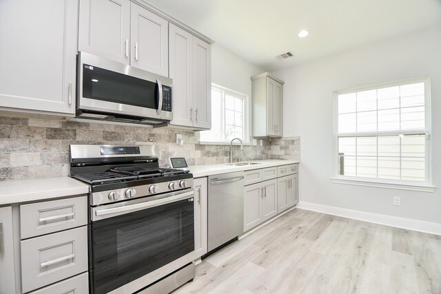 kitchen featuring tasteful backsplash, light hardwood / wood-style flooring, stainless steel appliances, and sink