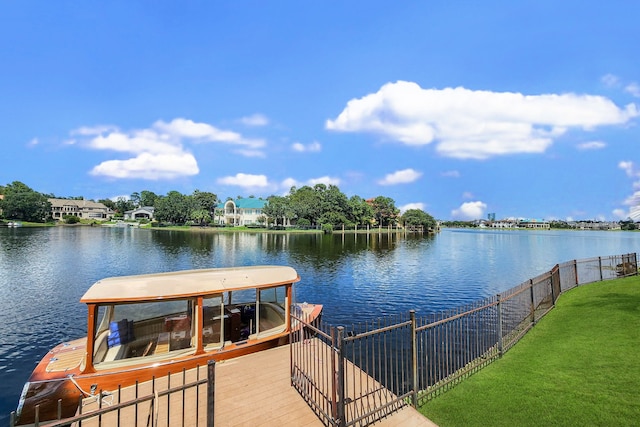 view of dock featuring a yard and a water view