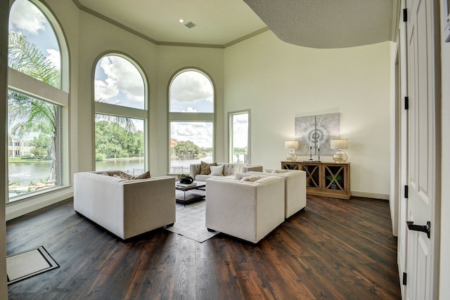 living room with crown molding, dark wood-type flooring, a high ceiling, and a water view