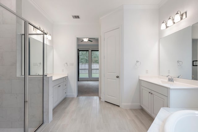 bathroom featuring separate shower and tub, crown molding, hardwood / wood-style floors, ceiling fan, and vanity