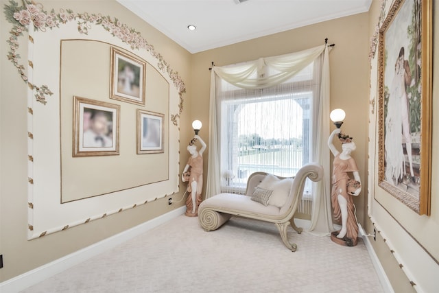 living area featuring crown molding and carpet flooring