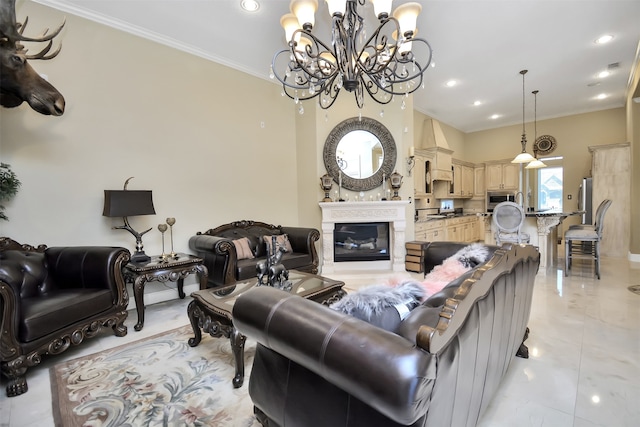 living room featuring crown molding, an inviting chandelier, and light tile patterned floors