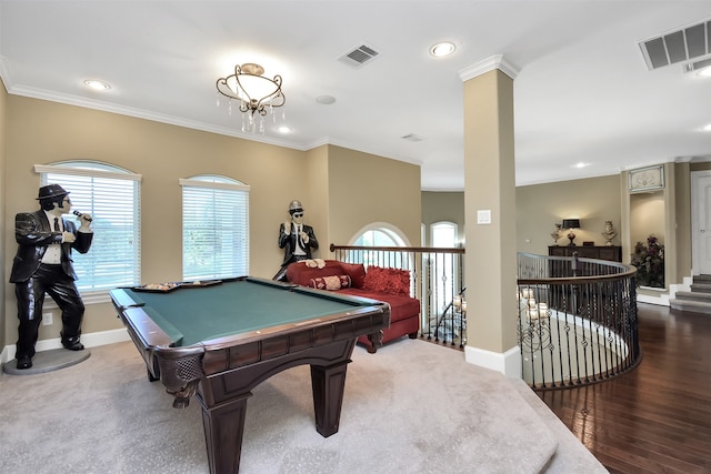 game room with crown molding, pool table, and hardwood / wood-style flooring