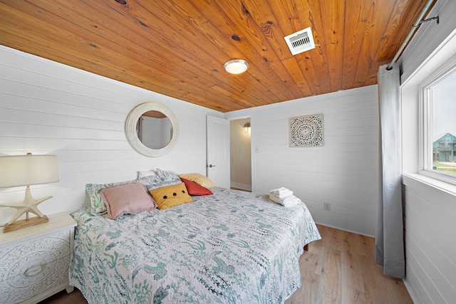 417 Olive St, Surfside Beach, TX 77541 - bedroom with wooden ceiling, wood walls, wood finished floors, and visible vents
