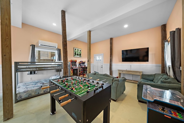 417 Olive St, Surfside Beach, TX 77541 - game room featuring recessed lighting, beam ceiling, concrete floors, and a wall mounted AC