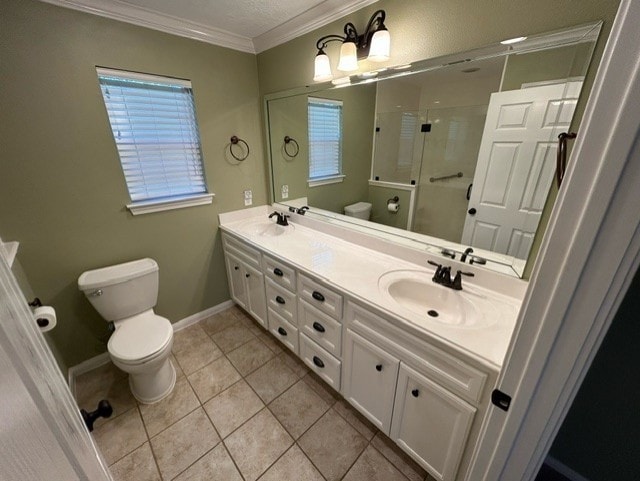 bathroom with walk in shower, toilet, crown molding, and vanity