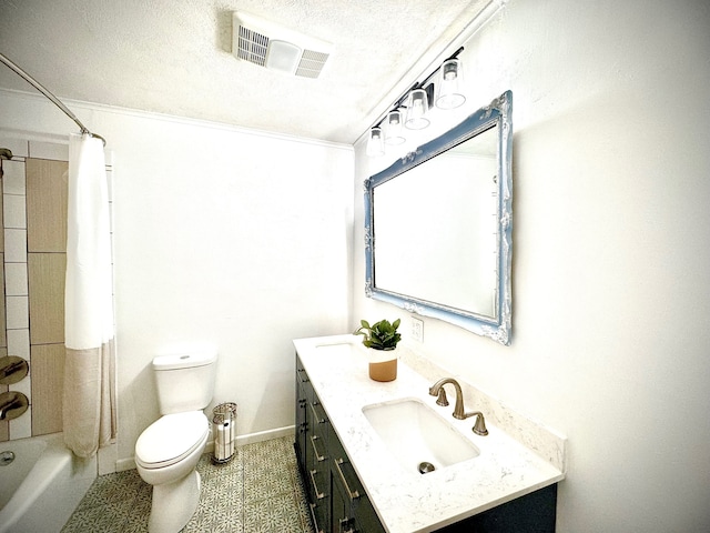 full bathroom with toilet, tile patterned floors, vanity, a textured ceiling, and shower / bathtub combination with curtain