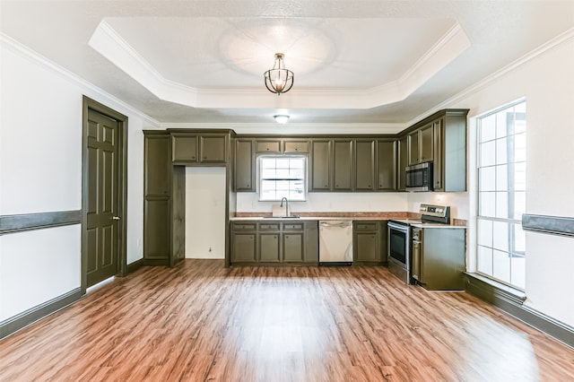 kitchen featuring appliances with stainless steel finishes, hardwood / wood-style floors, a raised ceiling, and sink