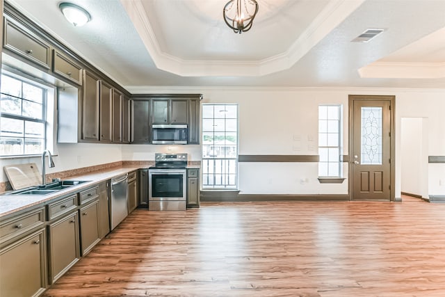 kitchen with hardwood / wood-style flooring, stainless steel appliances, a raised ceiling, and ornamental molding