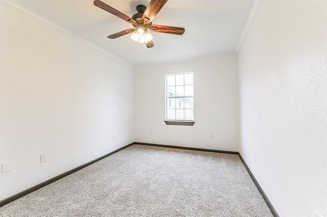 spare room with carpet flooring, ceiling fan, and crown molding