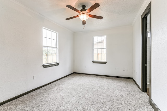 carpeted empty room featuring a textured ceiling, ceiling fan, and ornamental molding