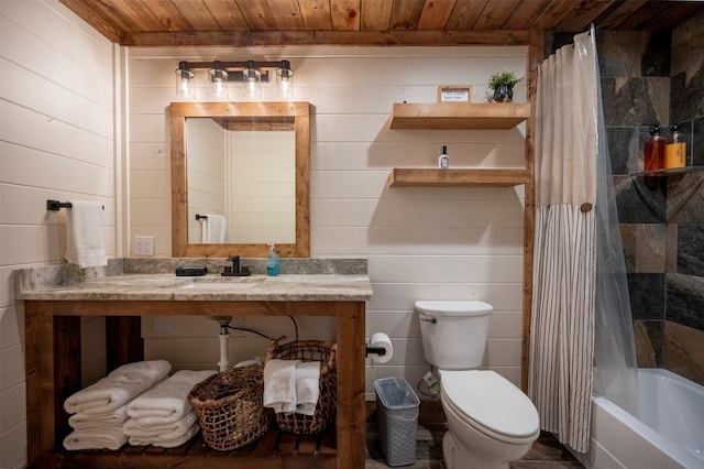 bathroom with wood ceiling, toilet, wood walls, and shower / bathtub combination with curtain