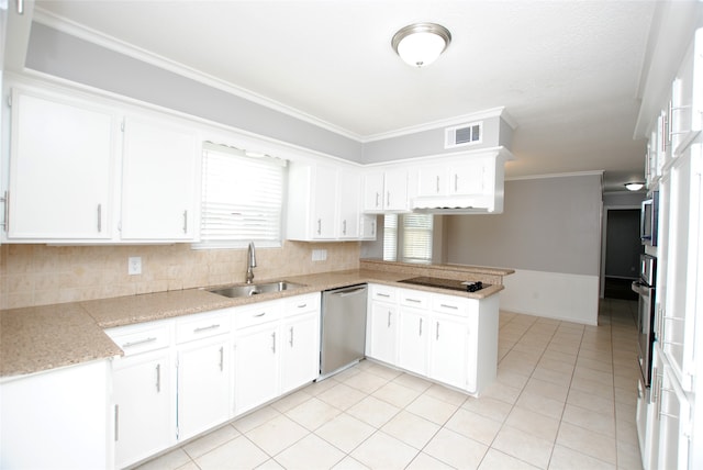 kitchen featuring white cabinetry, backsplash, stainless steel appliances, kitchen peninsula, and sink