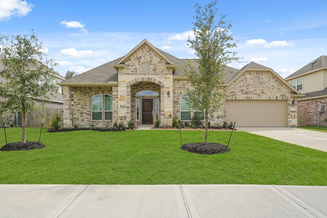 view of front facade with a front yard and a garage