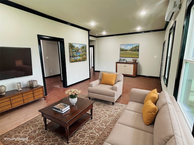 living room with a wall mounted air conditioner and ornamental molding