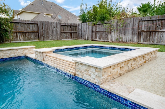 view of pool featuring a fenced in pool, a fenced backyard, and an in ground hot tub