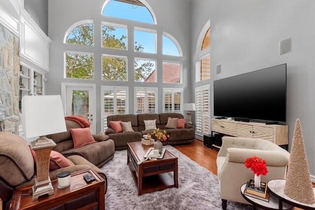 living room featuring a high ceiling, wood-type flooring, and a fireplace