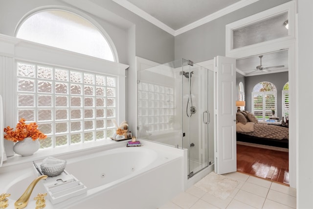 bathroom with ceiling fan, ornamental molding, wood-type flooring, and plus walk in shower