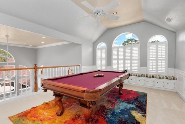 playroom featuring billiards, crown molding, carpet flooring, lofted ceiling, and ceiling fan