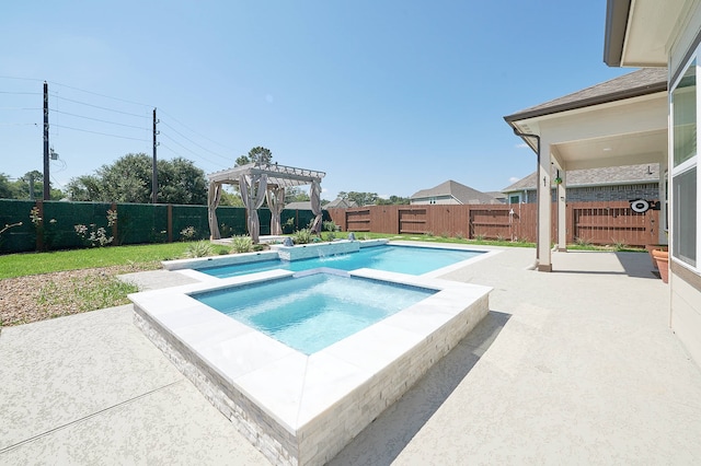 view of swimming pool featuring a patio, an in ground hot tub, and a pergola