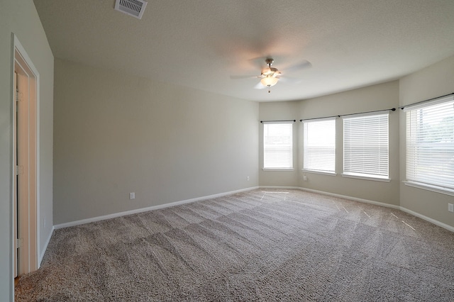 spare room featuring carpet floors, a healthy amount of sunlight, a textured ceiling, and ceiling fan