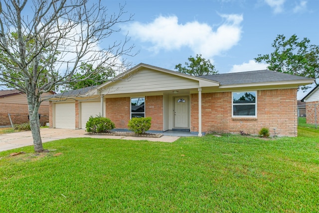 ranch-style house featuring a garage and a front lawn