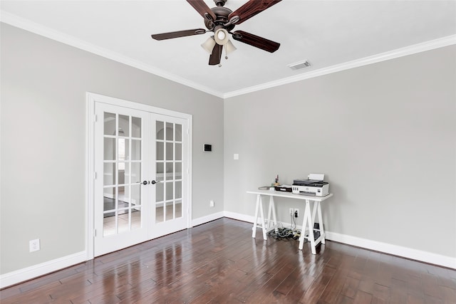 unfurnished office featuring dark hardwood / wood-style flooring, ceiling fan, ornamental molding, and french doors