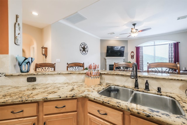 kitchen with light stone countertops, tasteful backsplash, ornamental molding, sink, and ceiling fan